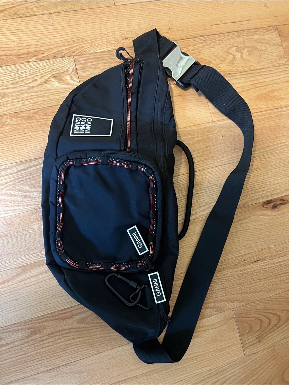 Ganni Black Belt Bag with Red-Trim Accents